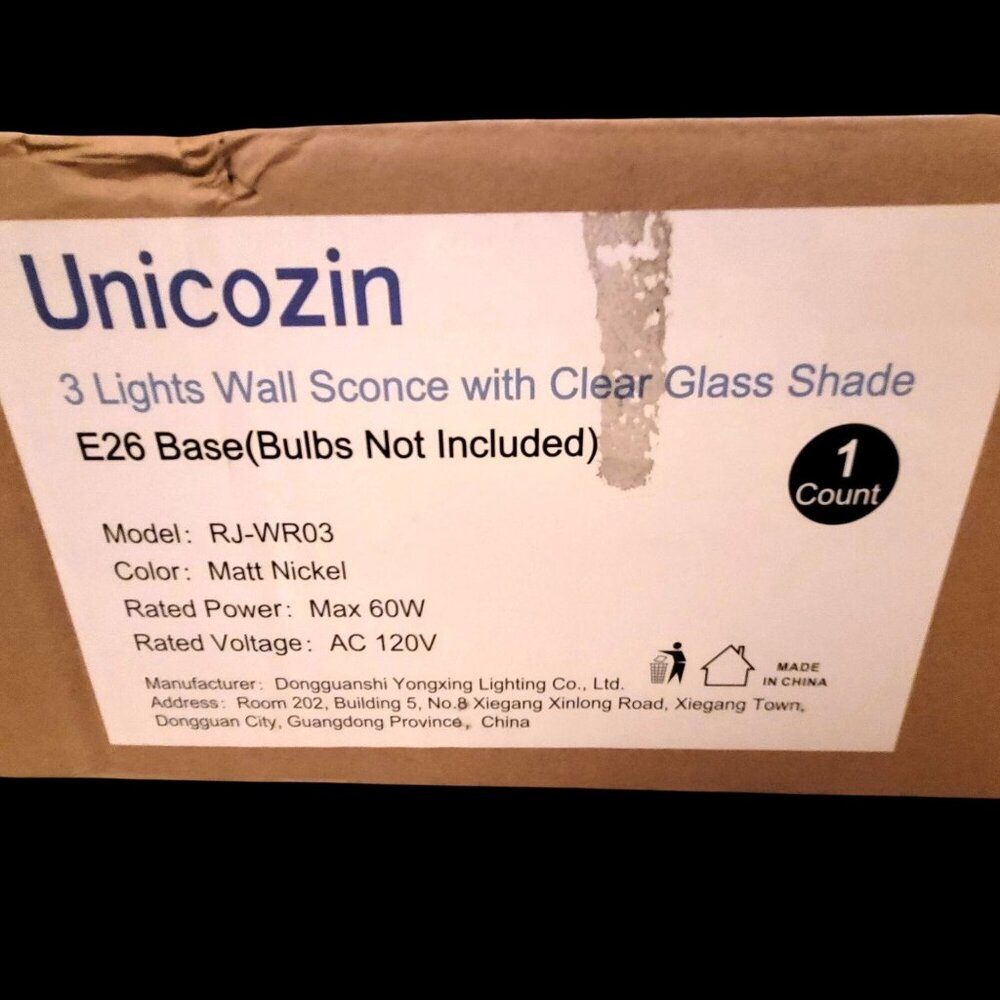 Unicozin 3-Light Brushed Nickel Wall Sconce Clear Glass E26 Model RJ-WR03 - Picture 10 of 10